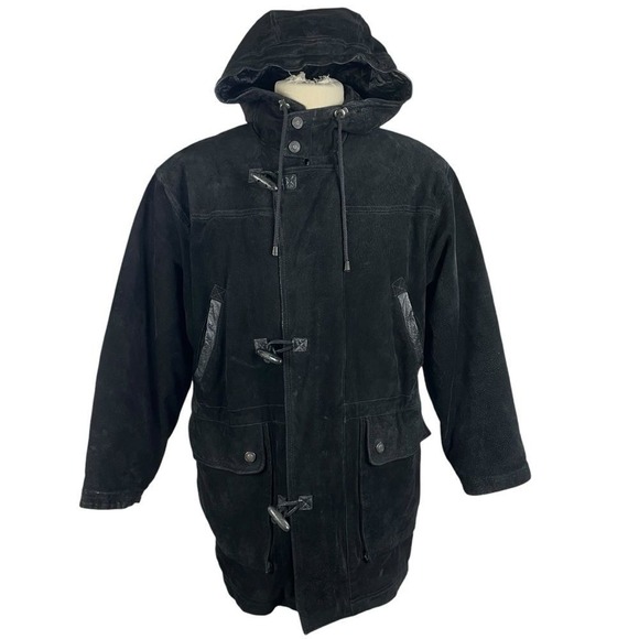 Adventure Bound Leather Jacket Men S Black Suede Hooded Toggle Plaid Lined Coat - Picture 2 of 11